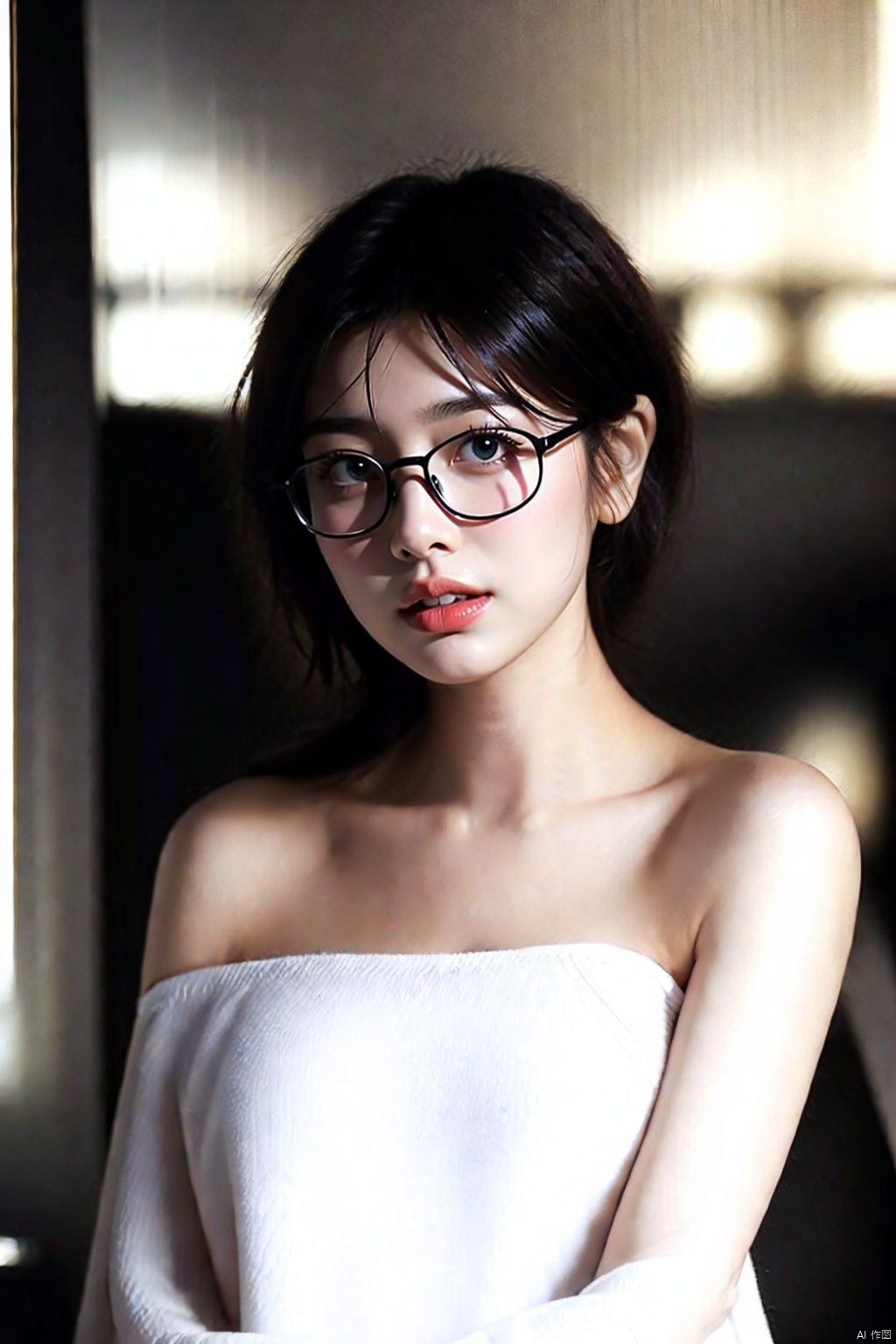  1girl, solo, shirt hair, breasts, brown hair, holding, brown eyes, parted lips, glasses, indoors, armpits, lips, towel, messy hair, realistic, naked towel, hair dryer,sumin,
