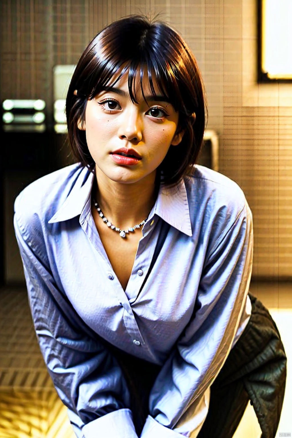 ((nsfw)),1girl, solo, shirt hair, breasts, looking at viewer, bangs, blue eyes, large breasts, brown hair, shirt, long sleeves, ribbon, cleavage, jewelry, closed mouth, standing, hair ribbon, white shirt, collared shirt, artist name, indoors, necklace, lips, sleeves past wrists, dress shirt, leaning forward, pink bow, pink ribbon, realistic,sumin,