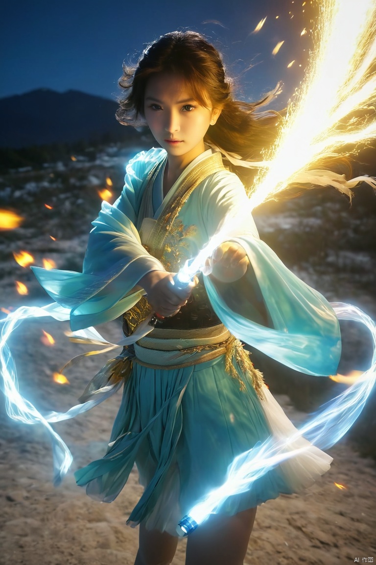 Special effects,1girl,（wind：1.1）,Luminous weapon,trailing
,特效