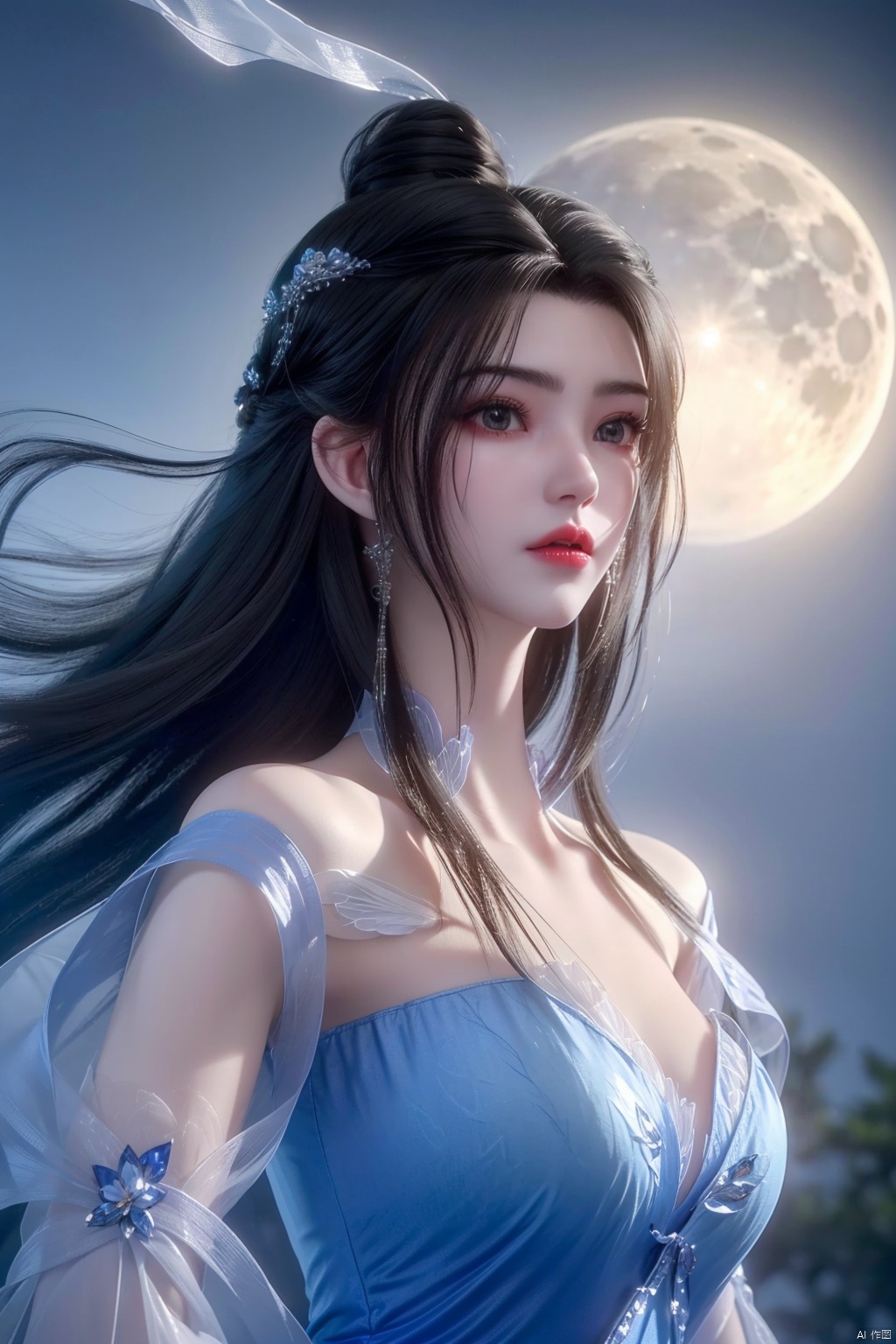  (8k, RAW photo, best quality, masterpiece:1.2), (super realistic, photo-realistic:1.3), ultra-detailed, extremely detailed cg 8k wallpaper, hatching (texture), skin gloss, light persona, (crystalstexture skin:1.2), (extremely delicate and beautiful), ultra-high resolution, (photo realistic: 1.4), Surrealism, Fantastical verisimilitude, beautiful blue-skinned goddess Phoenix Peacock on her head, fantastical creation, thriller color scheme, surrealism, abstract, psychedelic, 1 girl, flower,(translucent white gauze dress:1.3), (moon), moonlight, water surface, long hair, windy, qingyi, ll-hd, pf-hd, ty-hd, lmw-hd