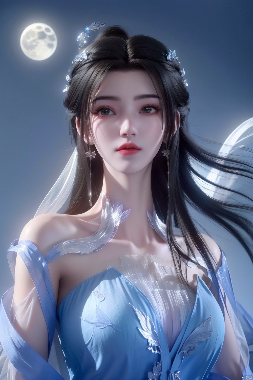  (8k, RAW photo, best quality, masterpiece:1.2), (super realistic, photo-realistic:1.3), ultra-detailed, extremely detailed cg 8k wallpaper, hatching (texture), skin gloss, light persona, (crystalstexture skin:1.2), (extremely delicate and beautiful), ultra-high resolution, (photo realistic: 1.4), Surrealism, Fantastical verisimilitude, beautiful blue-skinned goddess Phoenix Peacock on her head, fantastical creation, thriller color scheme, surrealism, abstract, psychedelic, 1 girl, flower,(translucent white gauze dress:1.3), (moon), moonlight, water surface, long hair, windy, qingyi, ll-hd, pf-hd, ty-hd, lmw-hd