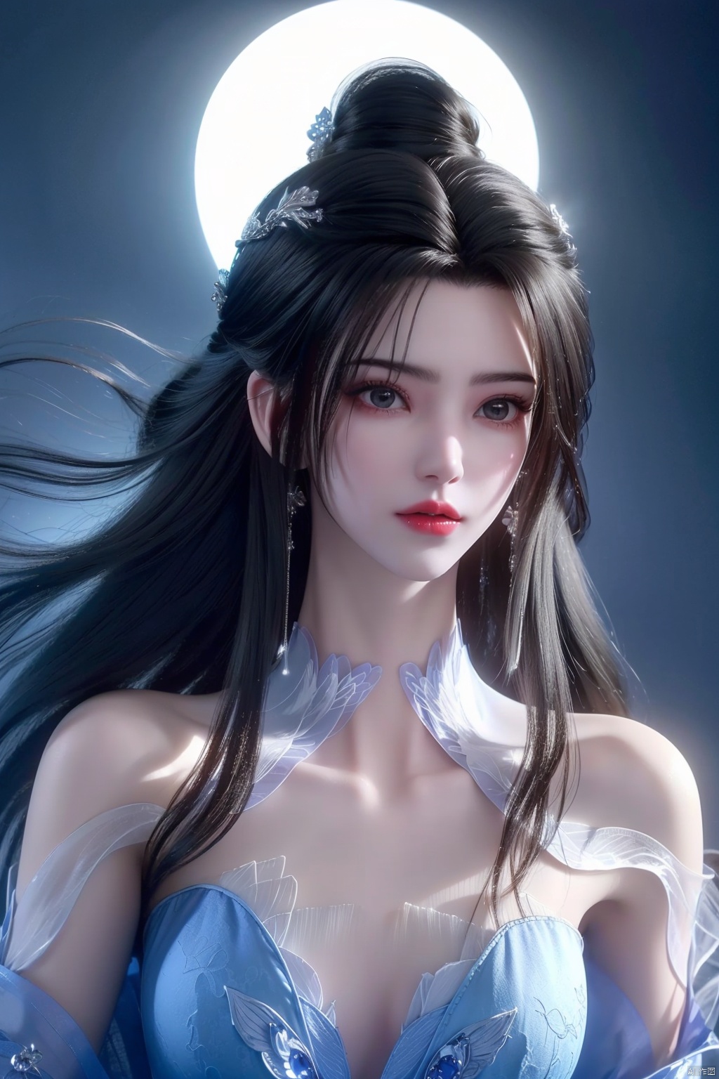  (8k, RAW photo, best quality, masterpiece:1.2), (super realistic, photo-realistic:1.3), ultra-detailed, extremely detailed cg 8k wallpaper, hatching (texture), skin gloss, light persona, (crystalstexture skin:1.2), (extremely delicate and beautiful), ultra-high resolution, (photo realistic: 1.4), Surrealism, Fantastical verisimilitude, beautiful blue-skinned goddess Phoenix Peacock on her head, fantastical creation, thriller color scheme, surrealism, abstract, psychedelic, 1 girl, flower,(translucent white gauze dress:1.3), (moon), moonlight, water surface, long hair, windy, qingyi, ll-hd, pf-hd, ty-hd, lmw-hd