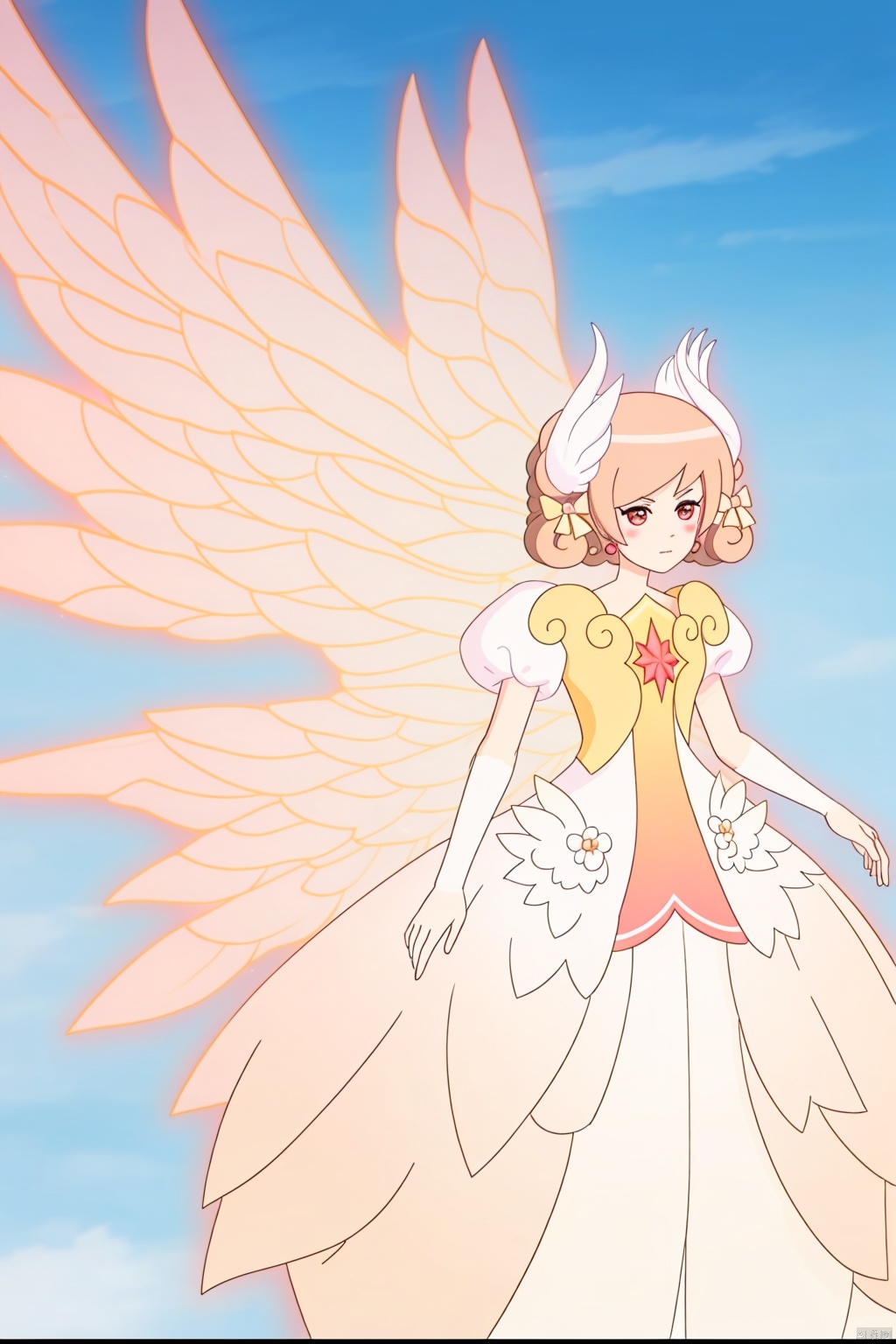 1girl, solo, brown hair, dress, flower, wings, sky, day, cloud, letterboxed, houtufeng, Stand,Fairy