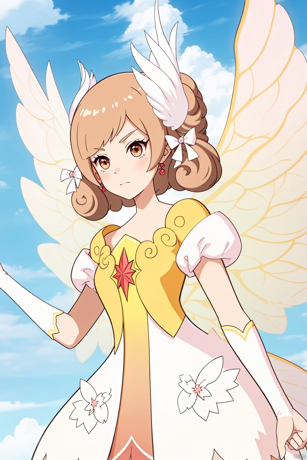 1girl, solo, brown hair, dress, flower, wings, sky, day, cloud, letterboxed, houtufeng, Stand,Fairy