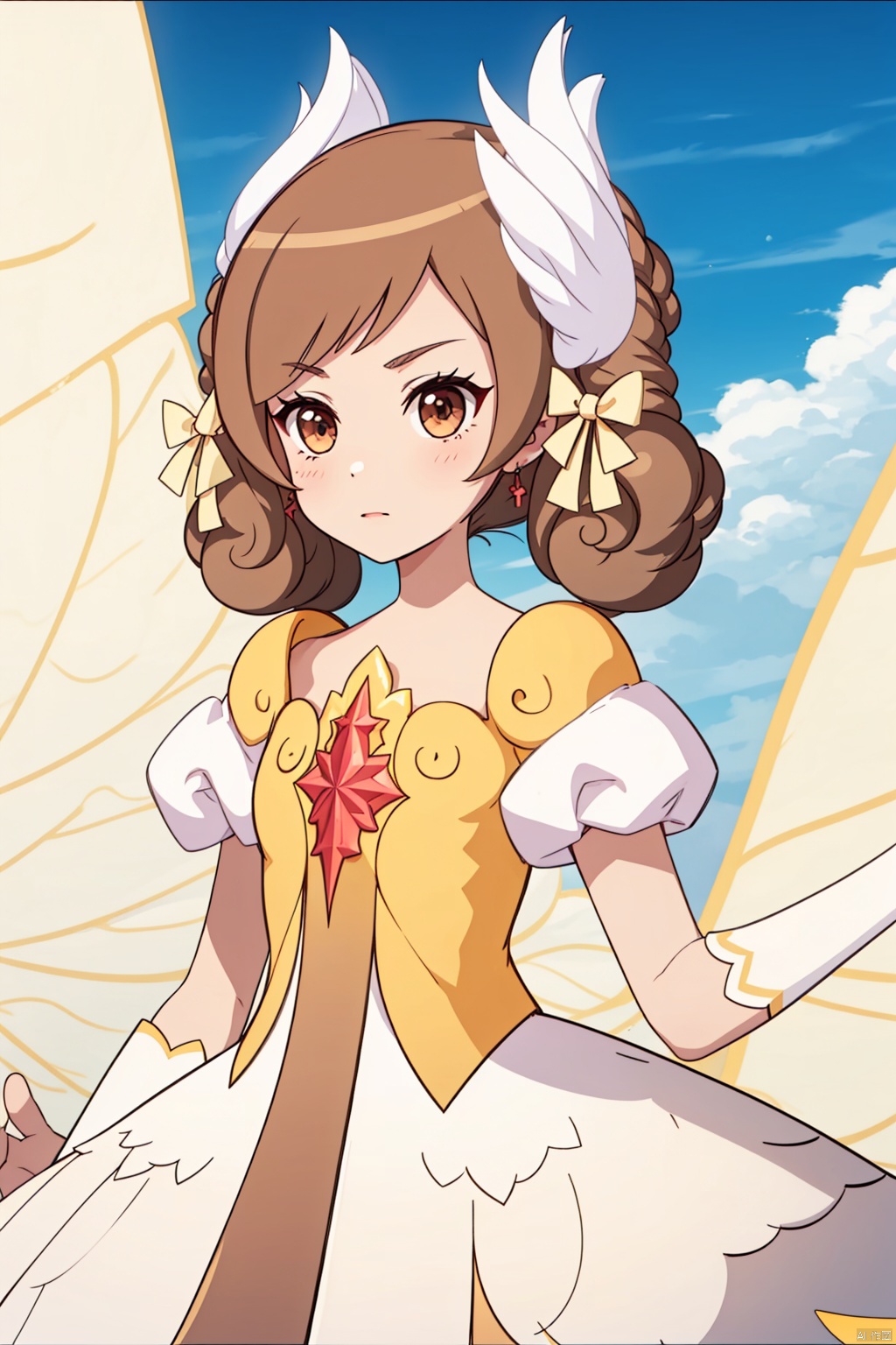 1girl, solo, brown hair, dress, flower, wings, sky, day, cloud, letterboxed, houtufeng, Stand