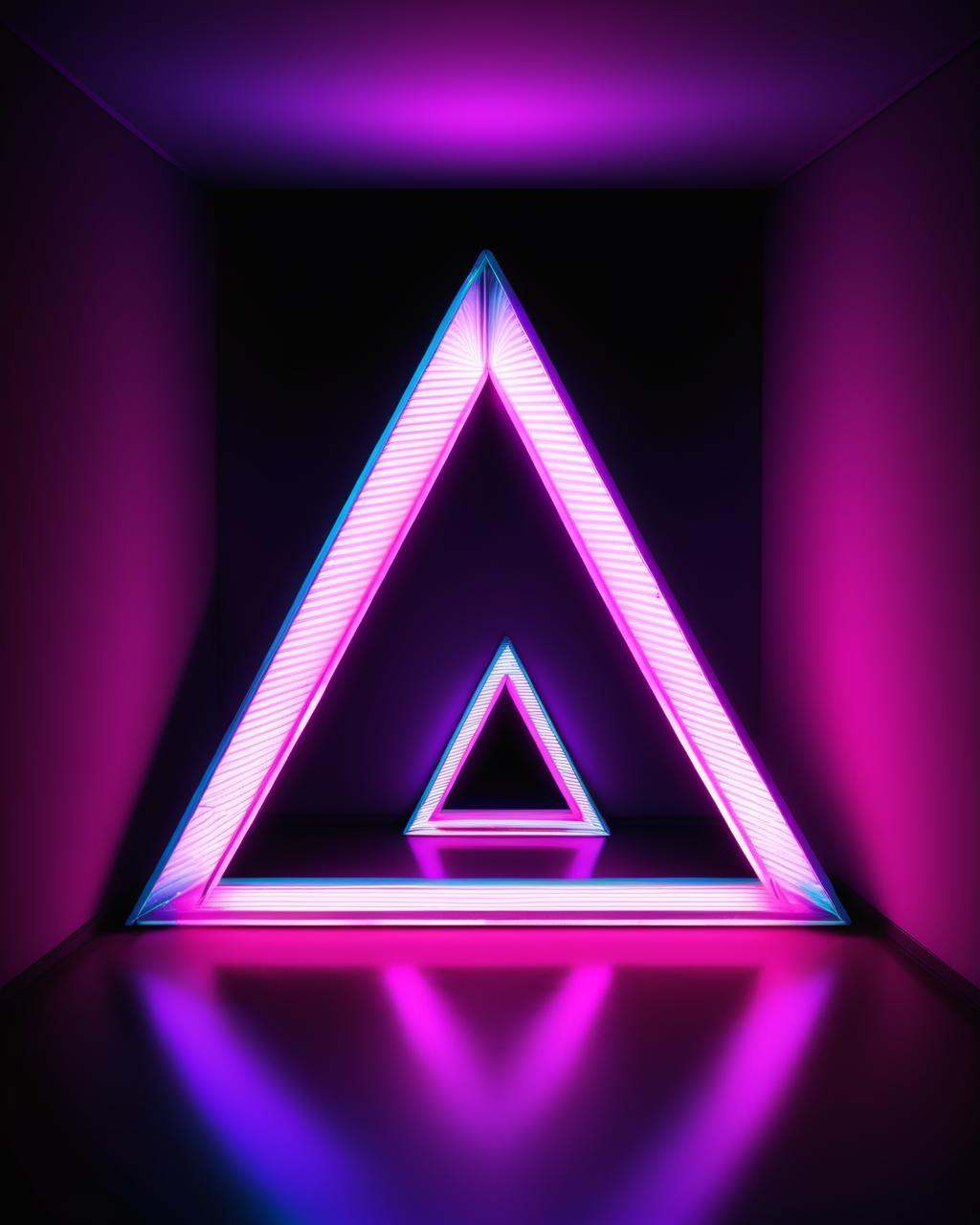 a triangle shaped neon light in a dark room ,  no humans,  scenery on Tensor.Art
