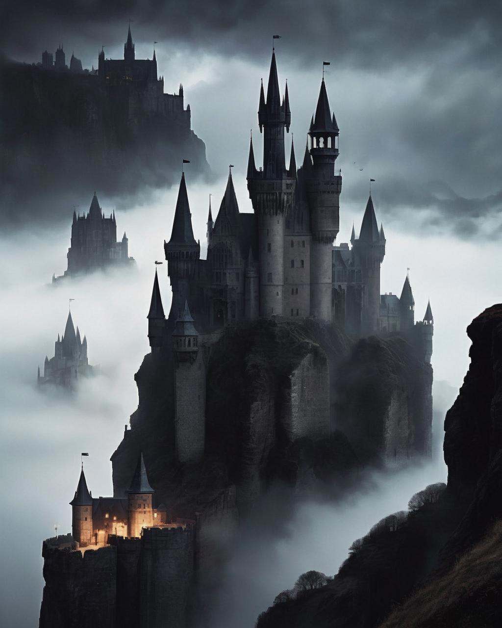 An imposing,  gothic castle shrouded in mist,  perched atop a jagged cliff on Tensor.Art