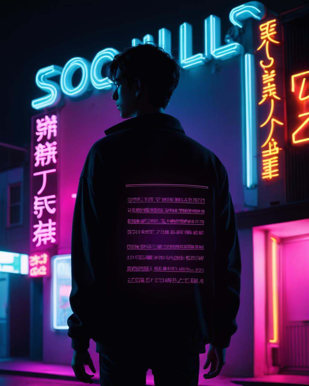 a man standing in front of a neon lit building ,  solo,  1boy on Tensor.Art