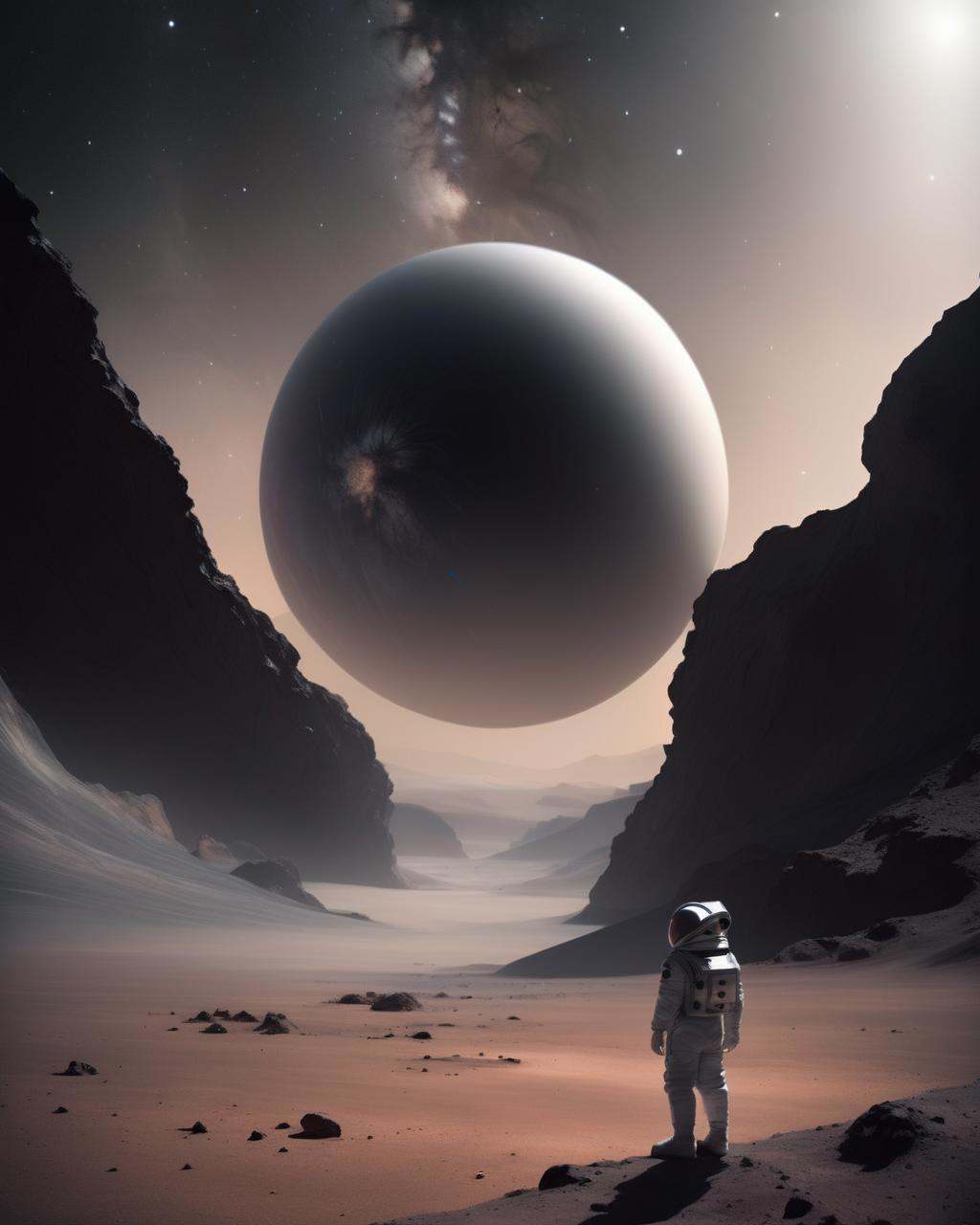 A lone astronaut standing on the surface of a barren alien planet,  the alien landscape stretching out before them,  captu...