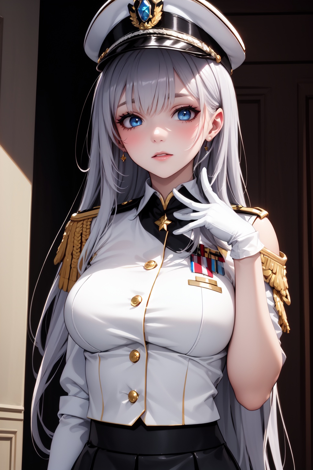 Pretty and intimidating girl. She wears a very elegant black military dress (white shirt,  blazer,  skirt on Tensor.Art