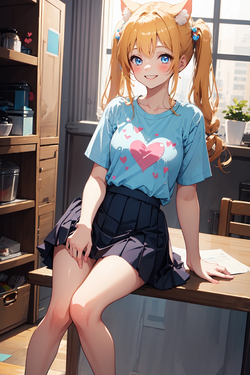 1girl,  cute cat girl,  room in background. she wears a light blue outfit (shirt on Tensor.Art