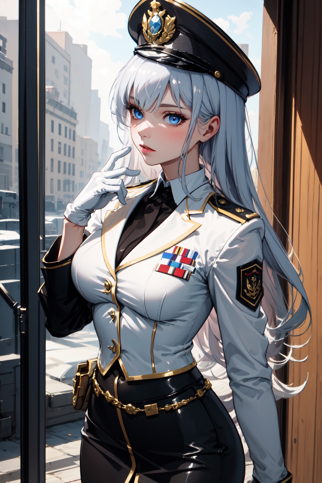 Pretty and intimidating girl. She wears a very elegant black military dress (white shirt,  blazer,  skirt on Tensor.Art