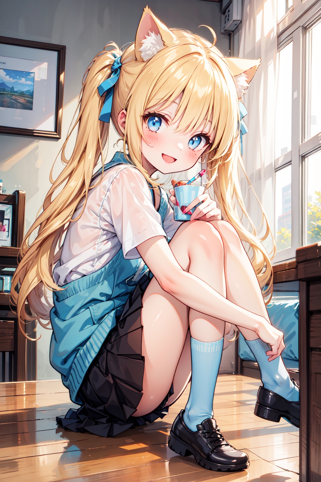 1girl,  cute cat girl,  room in background. she wears a light blue outfit (shirt on Tensor.Art