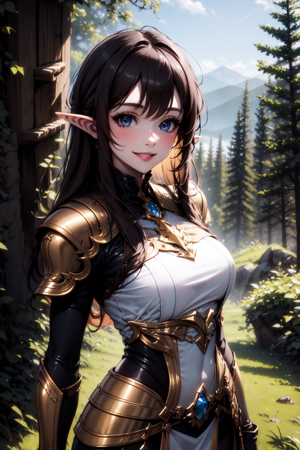 Pretty and wild elf girl. She wears a very elegant elf warrior armor. She is a very badass and cold girl. Hyperdetailing m...