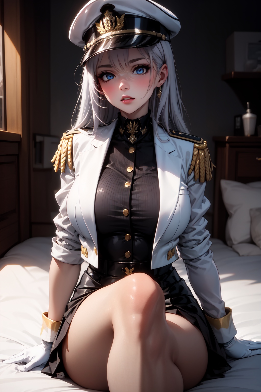 Pretty and intimidating girl. She wears a very elegant black military dress (white shirt,  blazer,  skirt on Tensor.Art