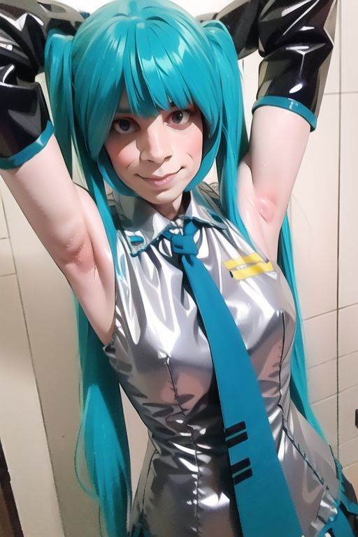 Hatsune Miku showing her armpits half body on Tensor.Art