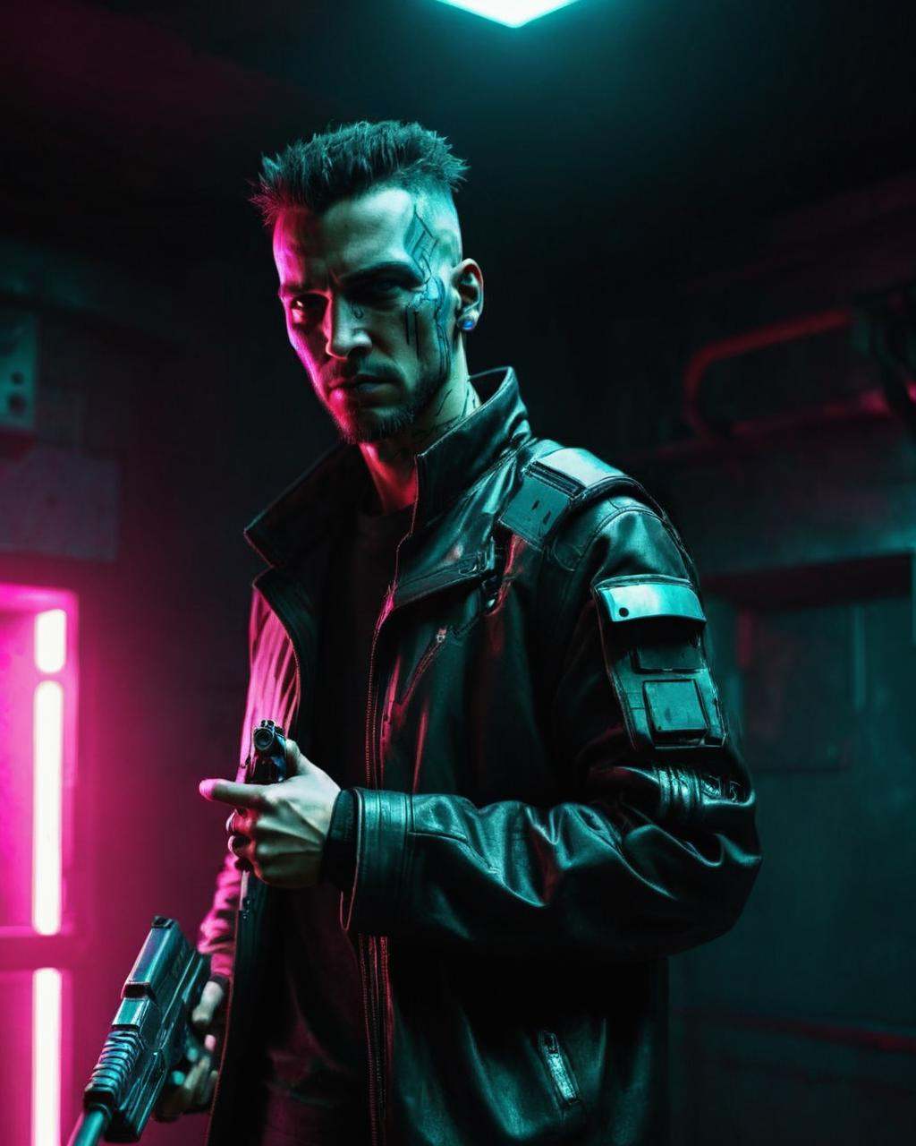 a man with a gun in a dark room ,  cyberpunk style on Tensor.Art