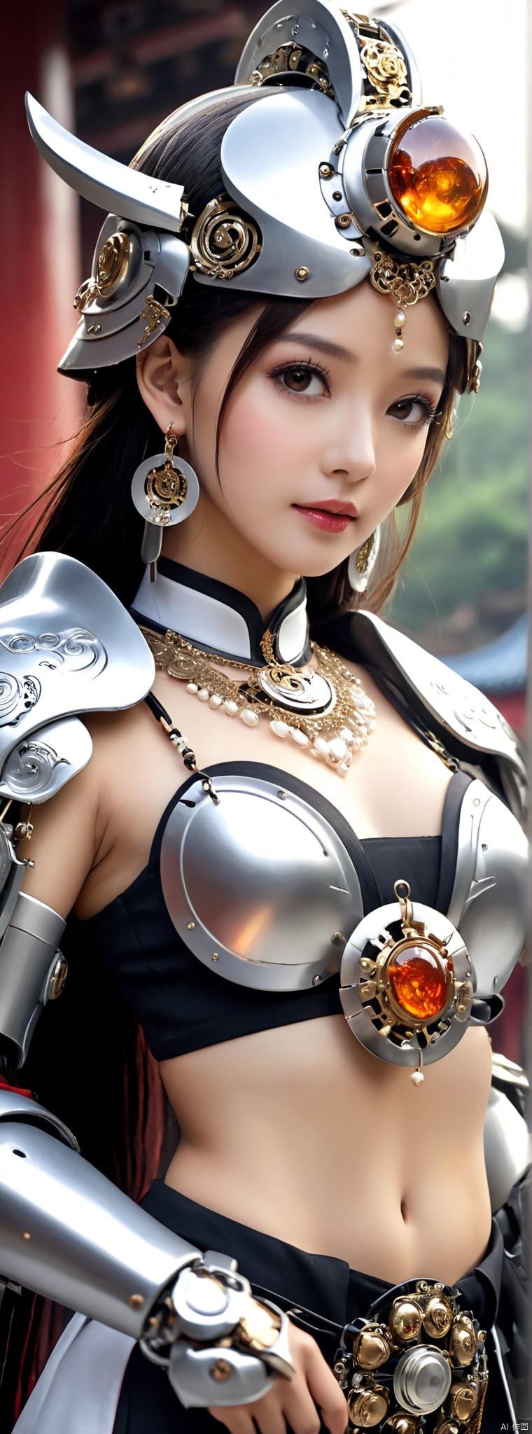  1girl,depth of field,earrings,Chinese Yi ethnic clothing,(mecha clothing:1.3),Silver headwear,Metal tassels,Yi ethnic metal jewelry,round silver necklace,complex jewelry,super complex headpiece,crescent shaped headpiece,mecha,(mechanical limb:1.3),Complex helmet,luster audience looking,the silver metal surface,