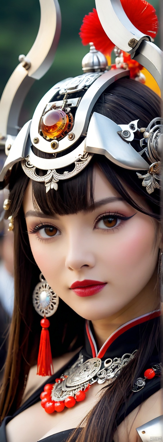  1girl,depth of field,earrings,Chinese Yi ethnic clothing,(mecha clothing:1.3),Silver headwear,Metal tassels,Yi ethnic metal jewelry,round silver necklace,complex jewelry,super complex headpiece,crescent shaped headpiece,mecha,(mechanical limb:1.3),Complex helmet,luster audience looking,the silver metal surface,