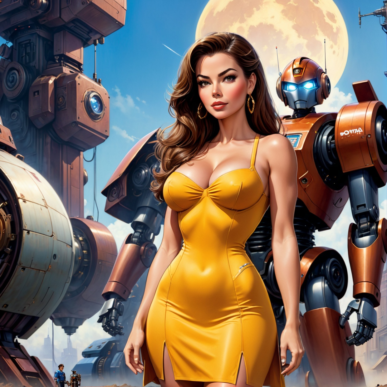 there is a woman in a dress standing in front of a giant robot,  by Don Maitz,  portrait of sofia vergara on Tensor.Art