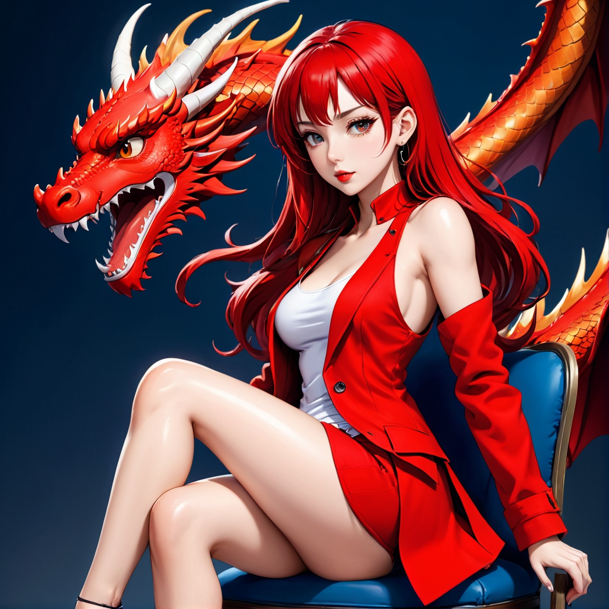 A woman in a red coat sitting on a chair with a dragon,  popular on ArtStation Pixiv,  detailed anime artwork on Tensor.Art