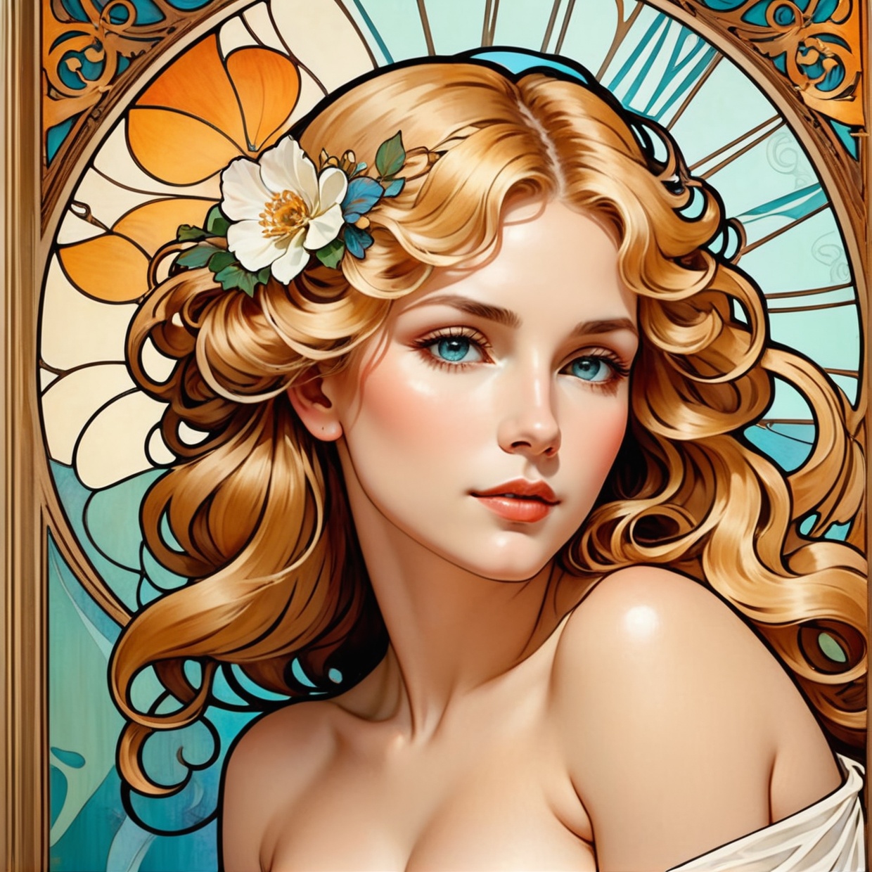 European woman's face portrait,  long curly hair,  blonde on Tensor.Art