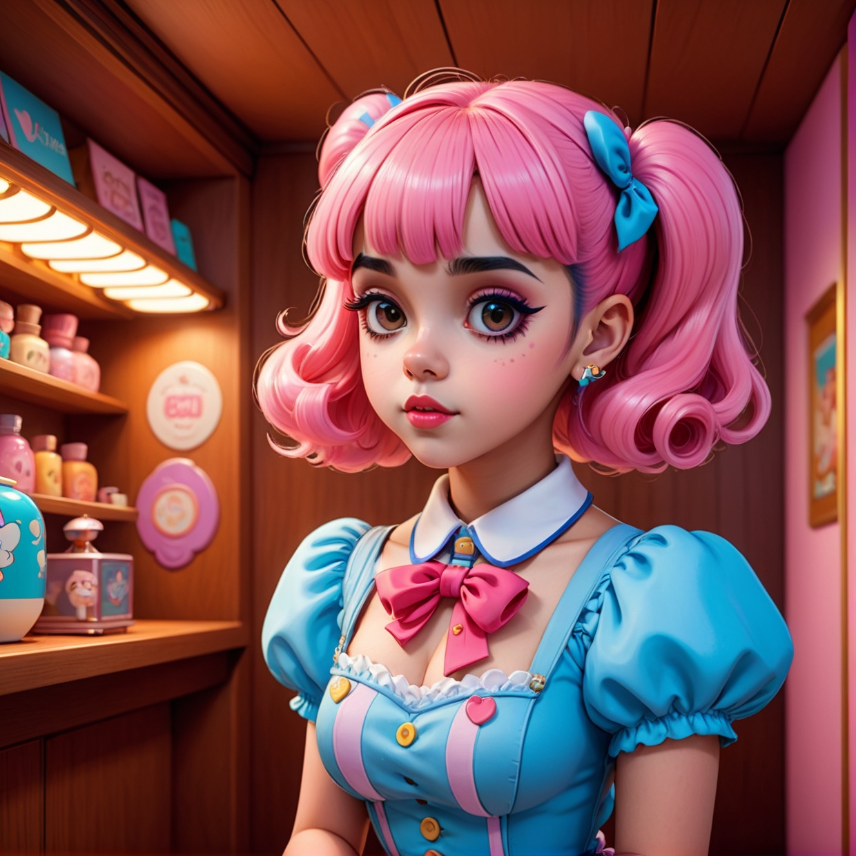 Cute Melanie Martinez as a very cute anime character,  Cartoon Character,  Unreal Engine Warm Interior Lighting Art Statio...