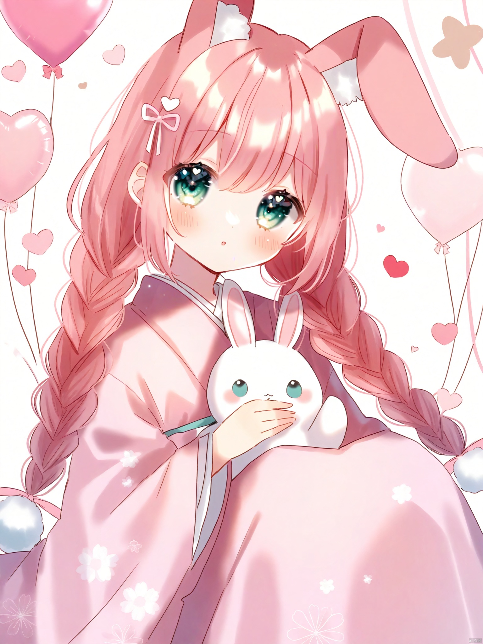 Best-A,azarashi6,1girl, animal_ears, aqua_eyes, azarashi6, balloon, braid, ear_ornament, flower, hair_ornament, heart_balloon, highres, holding, holding_stuffed_toy, japanese_clothes, kimono, long_hair, long_sleeves, looking_at_viewer, original, pink_hair, pink_kimono, pink_ribbon, rabbit_ears, ribbon, solo, stuffed_animal, stuffed_rabbit, stuffed_toy, twin_braids, wide_sleeves
