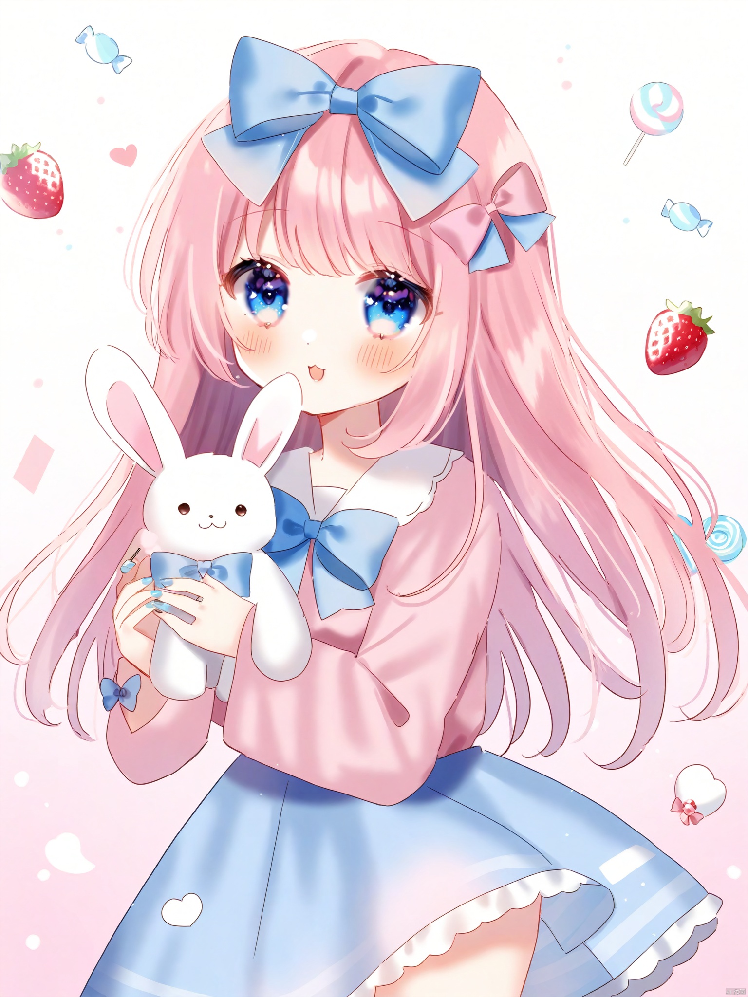 Best-A,azarashi6,1girl, \:3, \:o, absurdres, azarashi6, blue_bow, blue_eyes, blue_nails, blue_skirt, blush, bow, candy, cowboy_shot, food, fruit, hair_bow, hair_ornament, heart, highres, holding, holding_stuffed_toy, hugging_object, lollipop, long_hair, long_sleeves, looking_at_viewer, marshmallow, original, pink_background, pink_bow, pink_hair, pink_petals, pink_shirt, pocket, rabbit, shirt, skirt, solo, strawberry, stuffed_animal, stuffed_rabbit, stuffed_toy, white_background, wide_sleeves