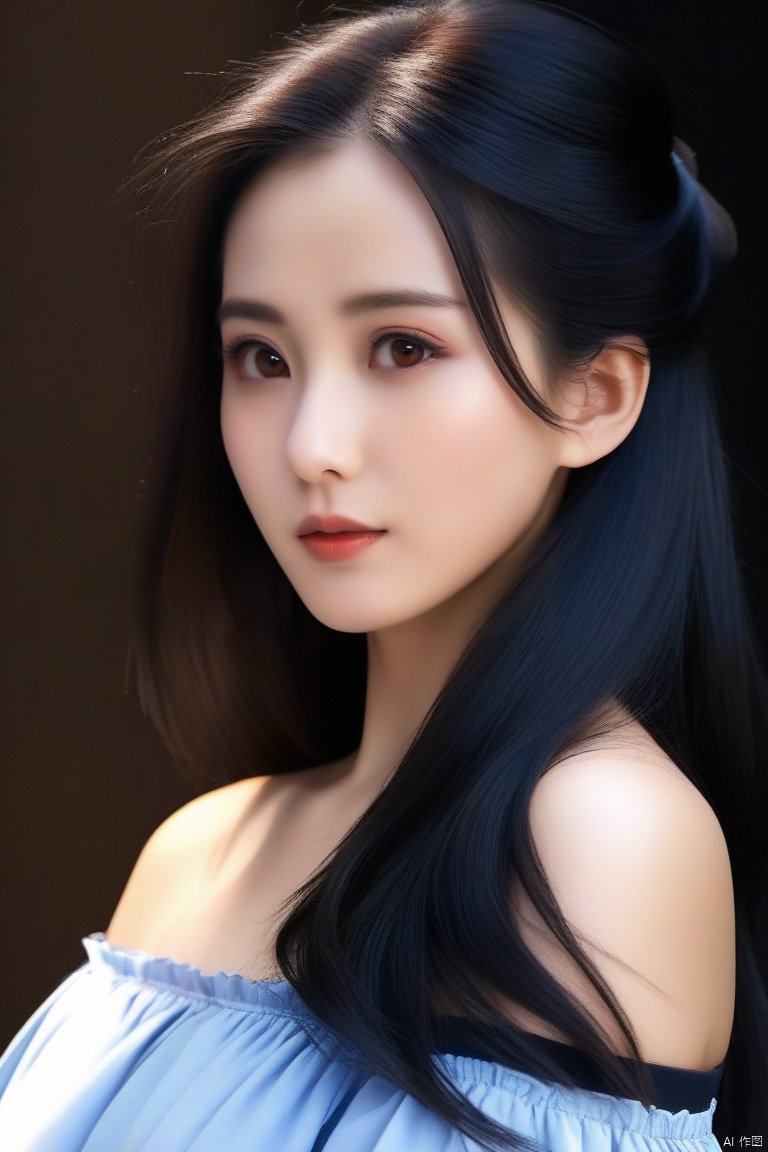  masterpiece,bestquality,8k,4k,
1girl,solo,black_hair,long_hair,Off_Shoulder,brown_eyes, 
black_background, g011