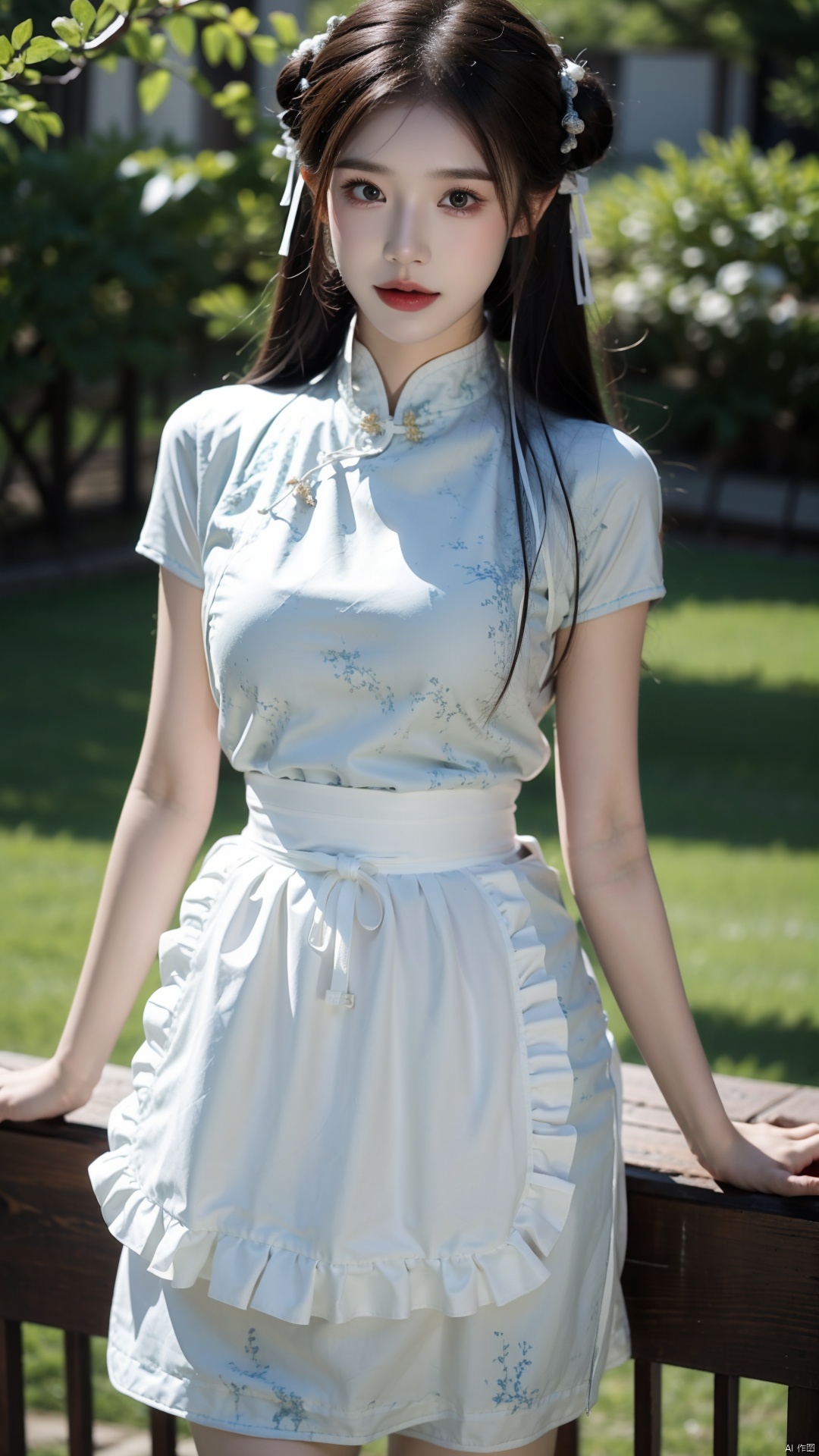 1girl, solo, looking at viewer, bangs, brown hair, dress, brown eyes, standing, short sleeves, outdoors, frills, day, hair bun, blurry, apron, double bun, chinese clothes, grass, waist apron, white apron, china dress, frilled apron, bun cover