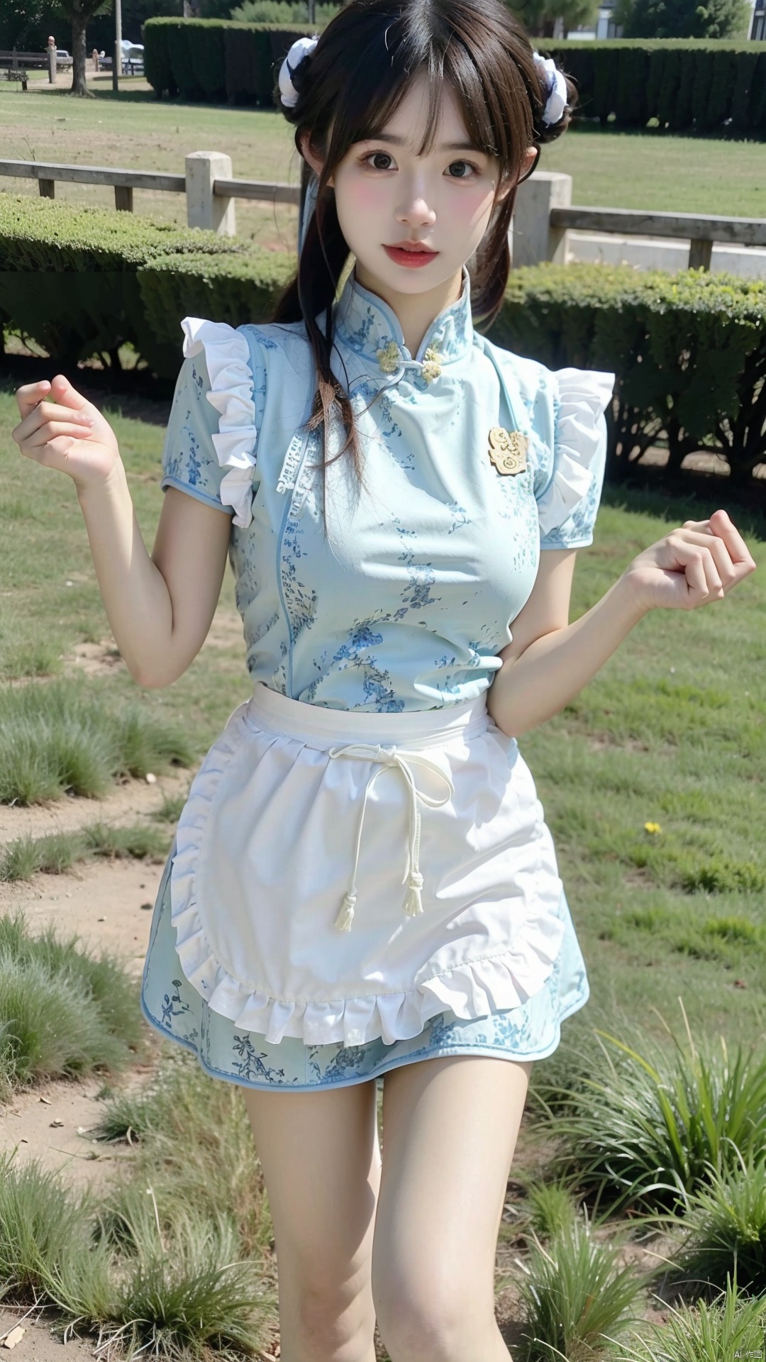 1girl, solo, looking at viewer, bangs, brown hair, dress, brown eyes, standing, short sleeves, outdoors, frills, day, hair bun, blurry, apron, double bun, chinese clothes, grass, waist apron, white apron, china dress, frilled apron, bun cover