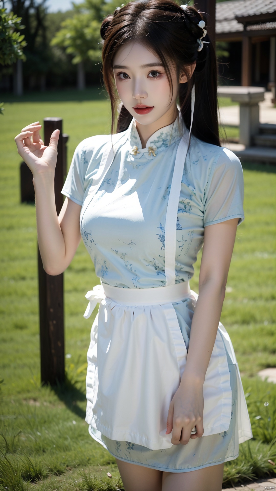1girl, solo, looking at viewer, bangs, brown hair, dress, brown eyes, standing, short sleeves, outdoors, frills, day, hair bun, blurry, apron, double bun, chinese clothes, grass, waist apron, white apron, china dress, frilled apron, bun cover