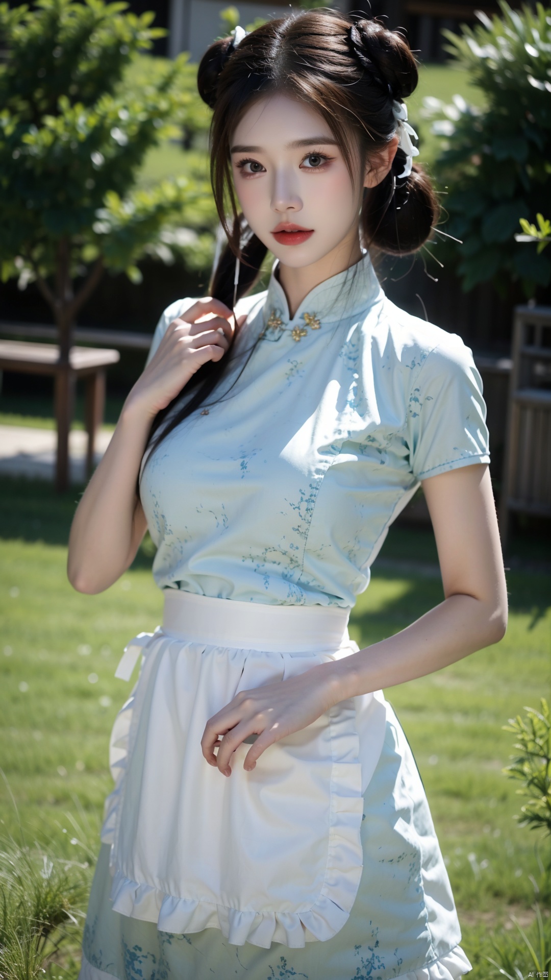 1girl, solo, looking at viewer, bangs, brown hair, dress, brown eyes, standing, short sleeves, outdoors, frills, day, hair bun, blurry, apron, double bun, chinese clothes, grass, waist apron, white apron, china dress, frilled apron, bun cover