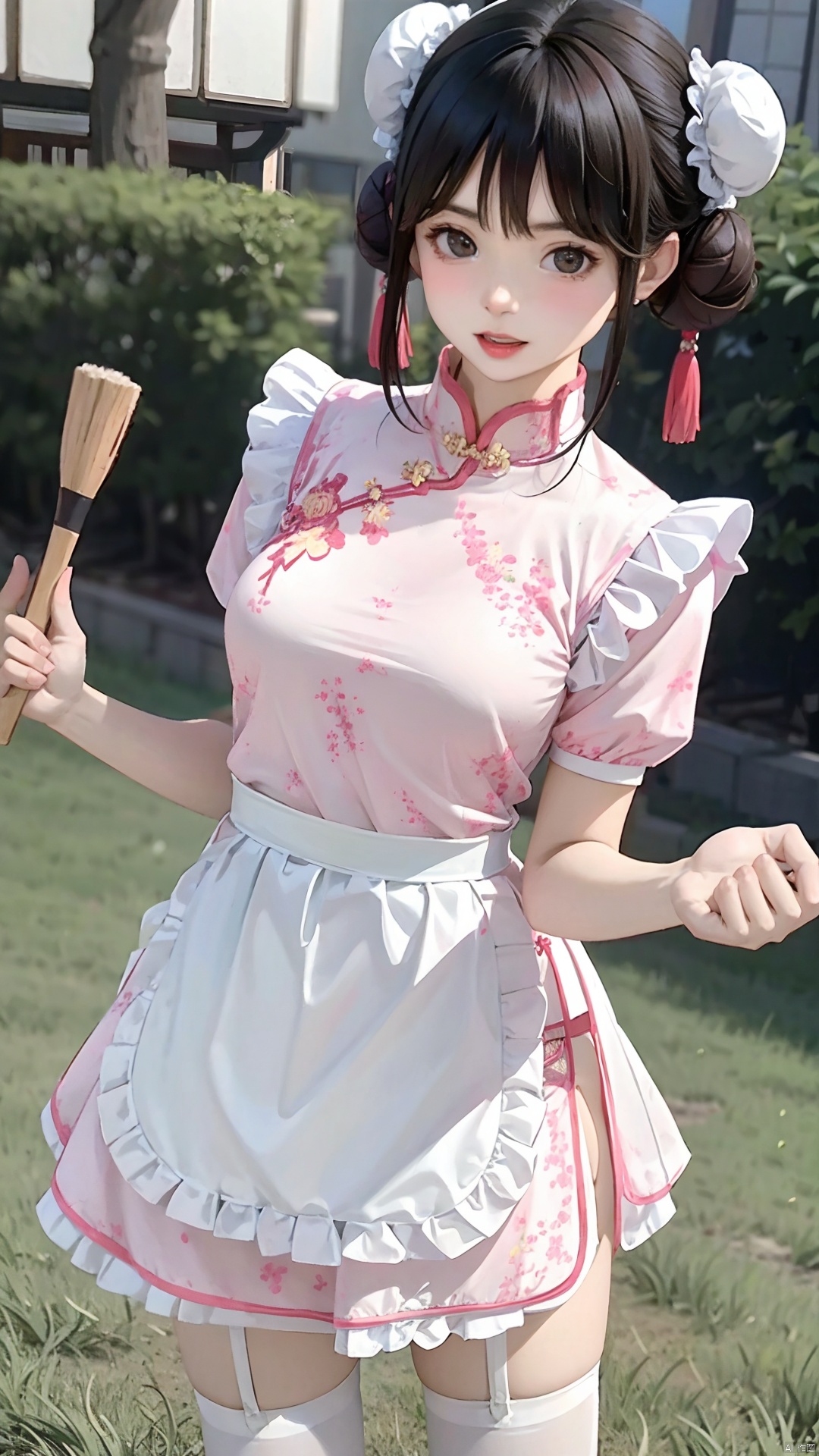 1girl, solo, looking at viewer, bangs, brown hair, dress, brown eyes, standing, short sleeves, outdoors, frills, day, hair bun, blurry, apron, double bun, chinese clothes, grass, waist apron, white apron, china dress, frilled apron, bun cover