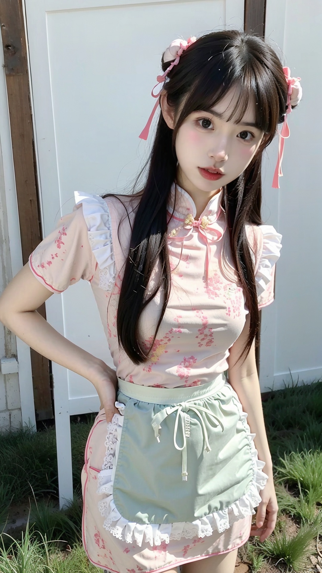 1girl, solo, looking at viewer, bangs, brown hair, dress, brown eyes, standing, short sleeves, outdoors, frills, day, hair bun, blurry, apron, double bun, chinese clothes, grass, waist apron, white apron, china dress, frilled apron, bun cover