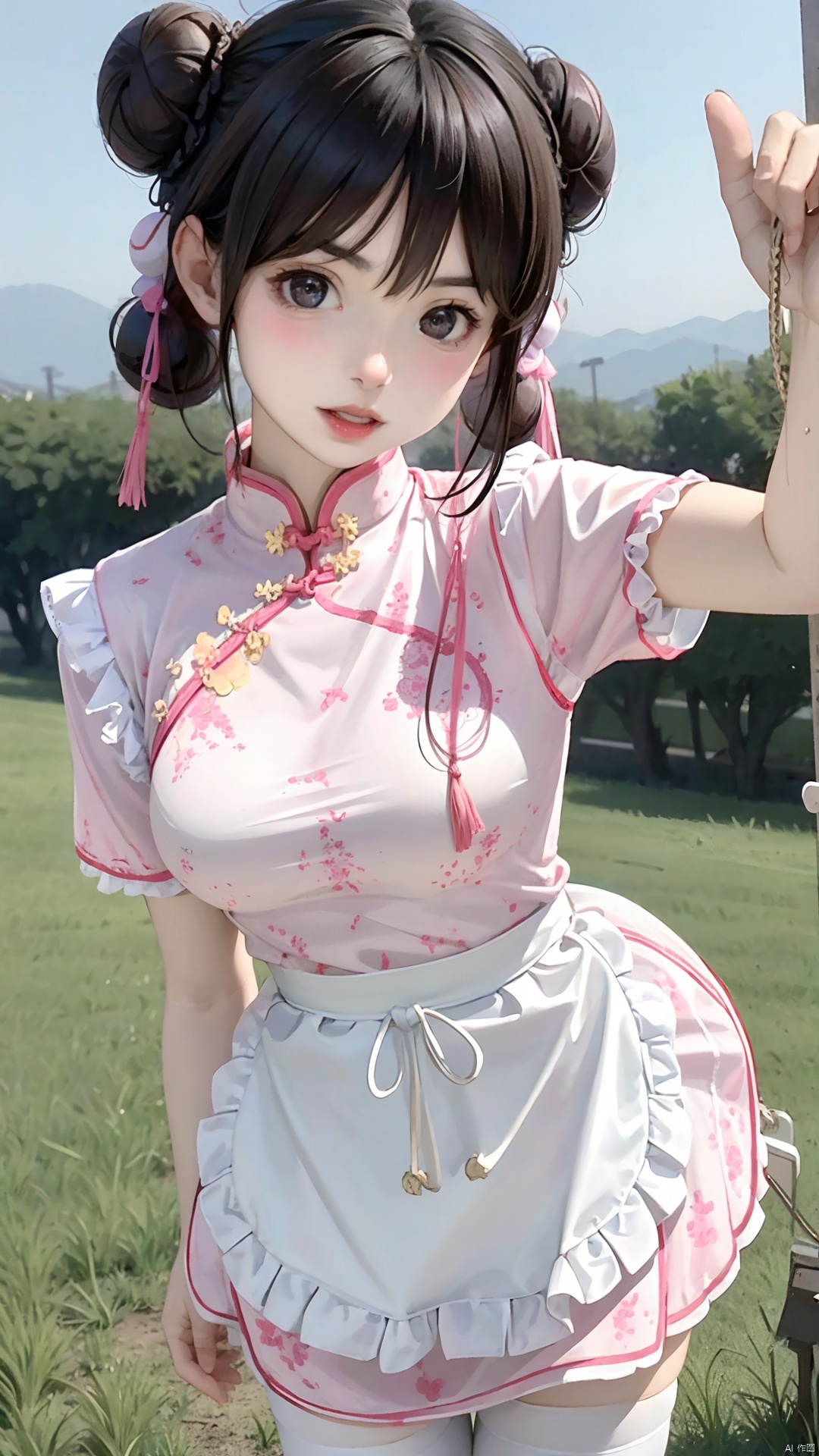 1girl, solo, looking at viewer, bangs, brown hair, dress, brown eyes, standing, short sleeves, outdoors, frills, day, hair bun, blurry, apron, double bun, chinese clothes, grass, waist apron, white apron, china dress, frilled apron, bun cover