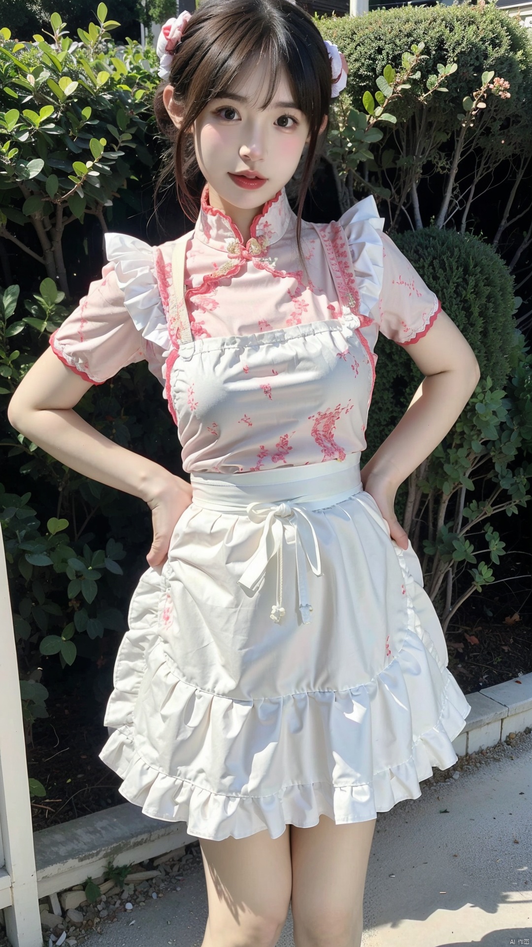 1girl, solo, looking at viewer, bangs, brown hair, dress, brown eyes, standing, short sleeves, outdoors, frills, day, hair bun, blurry, apron, double bun, chinese clothes, grass, waist apron, white apron, china dress, frilled apron, bun cover