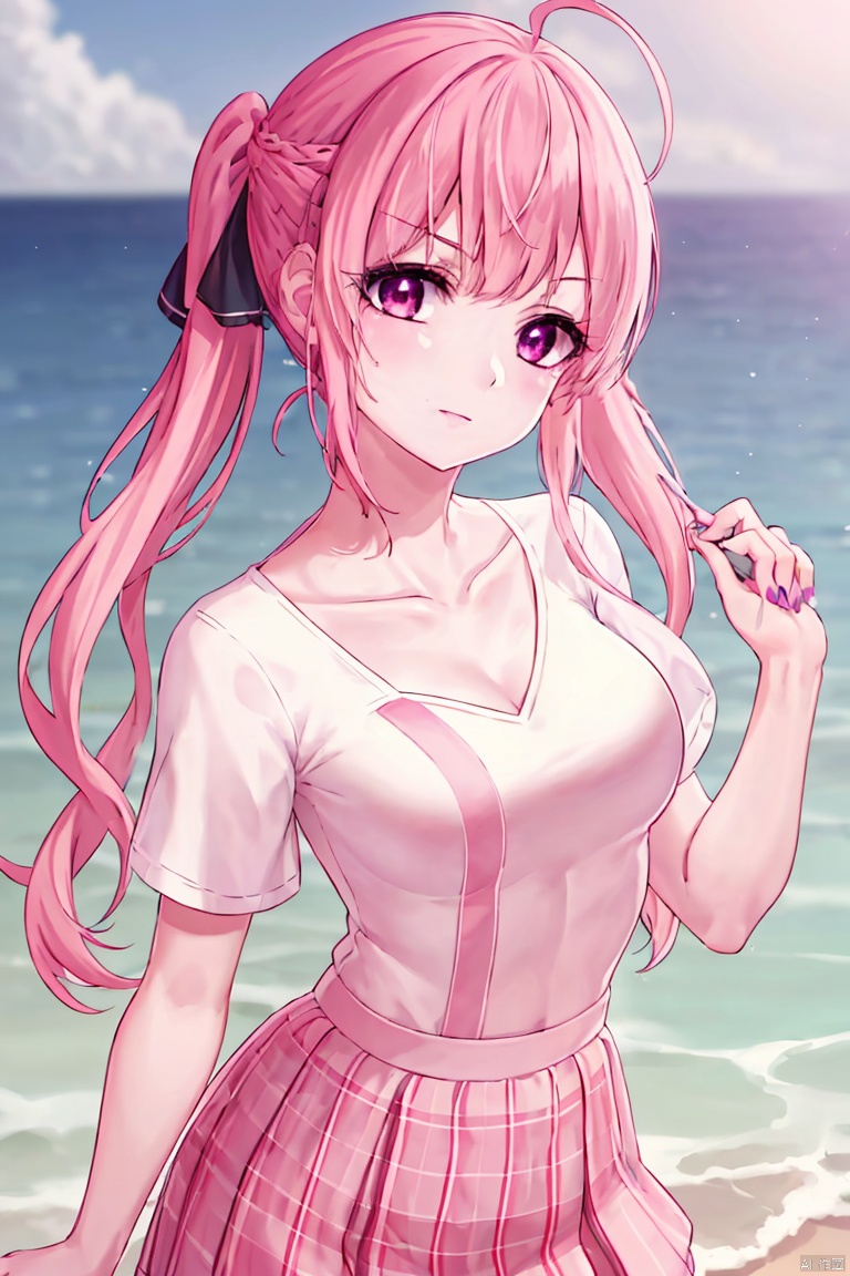1girl, solo, long hair, breasts, looking at viewer, blush, smile, bangs, skirt, shirt, ribbon, twintails, medium breasts, closed mouth, blue hair, purple eyes, collarbone, hair ribbon, white shirt, pink hair, braid, ahoge, short sleeves, sidelocks, multicolored hair, cowboy shot, outdoors, sky, day, cloud, virtual youtuber, blunt bangs, pink eyes, nail polish, two-tone hair, streaked hair, black ribbon, ocean, hand on own chest, french braid, blue nails, colored inner hair, anchor symbol, minato aqua, 2D, f/y