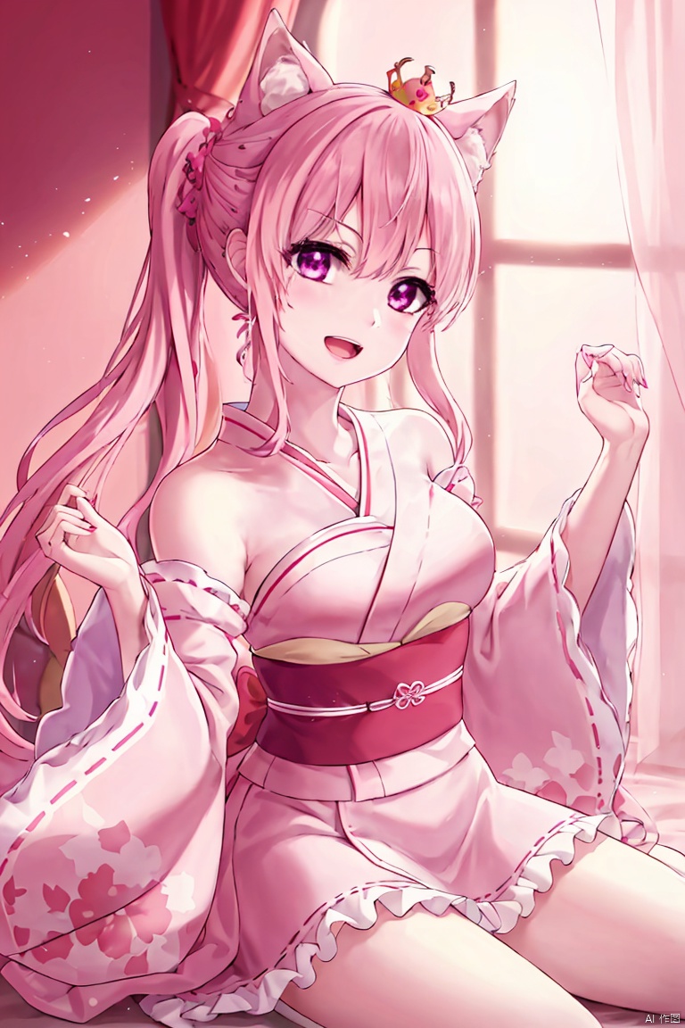 1girl, solo, long hair, breasts, looking at viewer, blush, smile, open mouth, bangs, skirt, hair ornament, long sleeves, bow, animal ears, hair between eyes, very long hair, purple eyes, tail, pink hair, braid, flower, :d, hair bow, frills, detached sleeves, japanese clothes, virtual youtuber, hair flower, wide sleeves, kimono, nail polish, side ponytail, animal ear fluff, sash, window, obi, floral print, wolf ears, curtains, frilled sleeves, pink nails, crown braid, hakui koyori