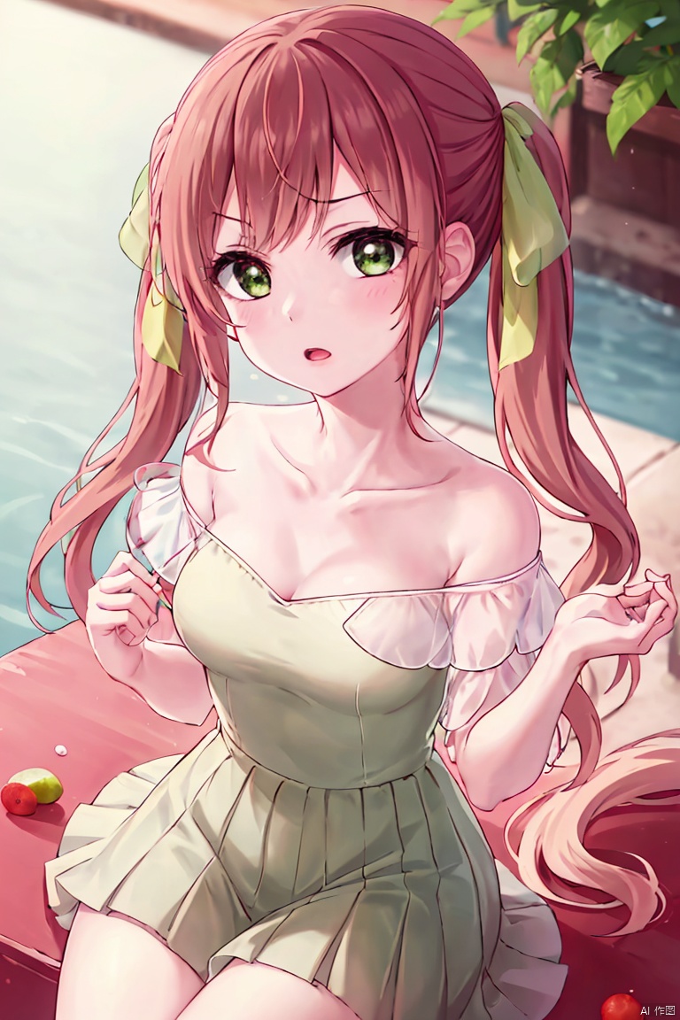 1girl, solo, long hair, looking at viewer, blush, open mouth, bangs, brown hair, dress, bow, ribbon, holding, bare shoulders, twintails, sitting, very long hair, green eyes, collarbone, hair ribbon, sidelocks, pleated skirt, parted lips, food, off shoulder, blurry, cup, hands up, fruit, leaf, drinking glass, partially submerged, green dress, minigirl, drinking straw, yellow ribbon, off-shoulder dress, green ribbon, pleated dress, in container, wrist ribbon, in food, in cup