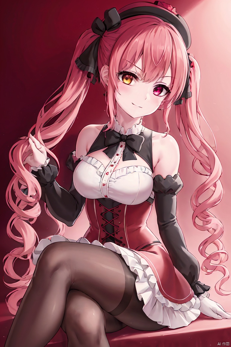 1girl, solo, long hair, breasts, looking at viewer, blush, smile, bangs, large breasts, red eyes, thighhighs, gloves, long sleeves, hat, dress, bow, ribbon, bare shoulders, twintails, sitting, very long hair, closed mouth, hair ribbon, yellow eyes, flower, pantyhose, red hair, frills, detached sleeves, sleeveless, black gloves, puffy sleeves, virtual youtuber, bowtie, petals, black headwear, black ribbon, black bow, sleeveless dress, rose, heterochromia, drill hair, red dress, frilled dress, crossed legs, frilled sleeves, red flower, twin drills, corset, white pantyhose, lolita fashion, watch, mini hat, red rose, black bowtie, top hat, gothic lolita, hat flower, underbust, ringlets, pocket watch, red sleeves, houshou marine,f/y