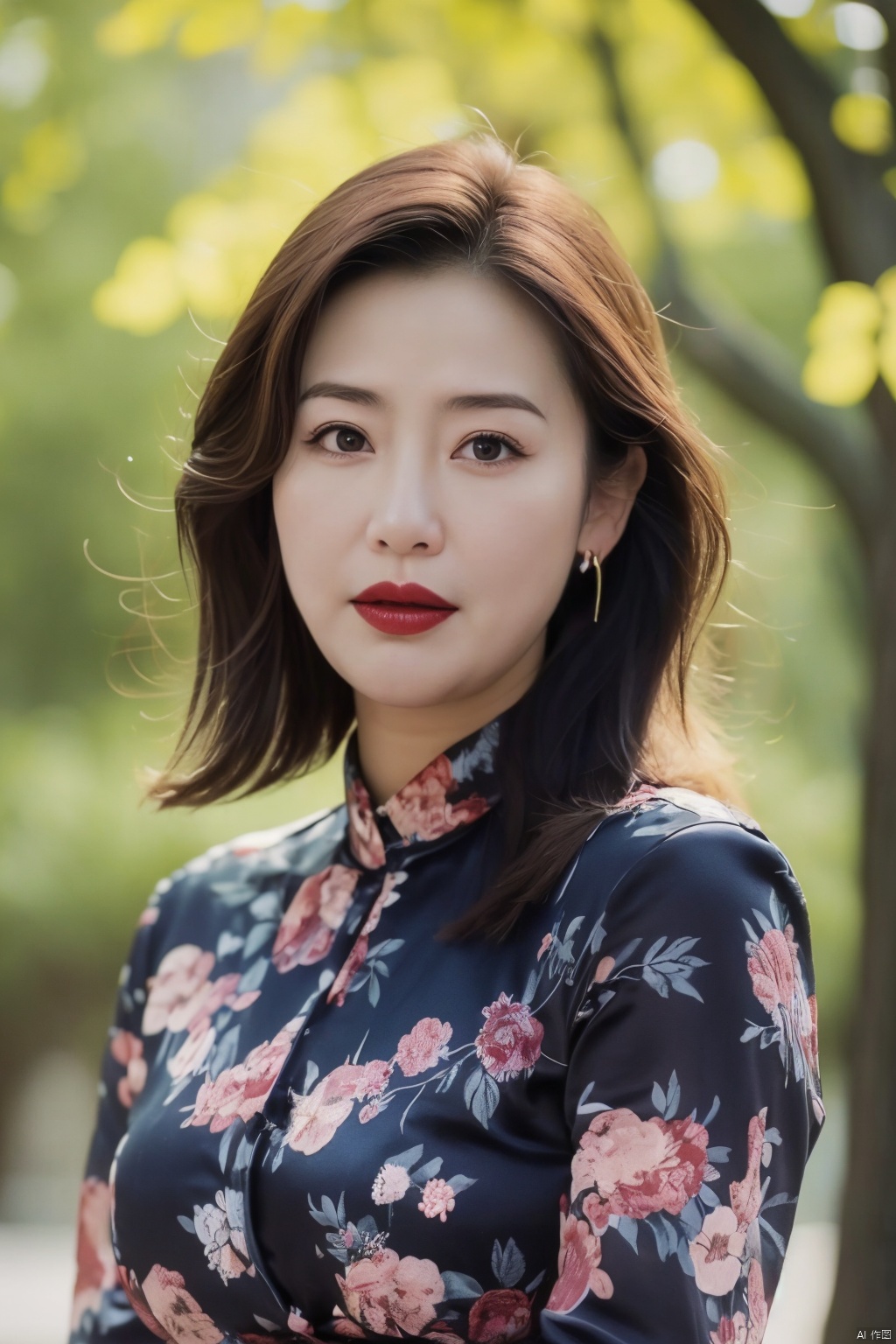 1girl, blurry, earrings, depth_of_field, blurry_background, jewelry, solo, upper_body, lips, floral_print, looking_at_viewer