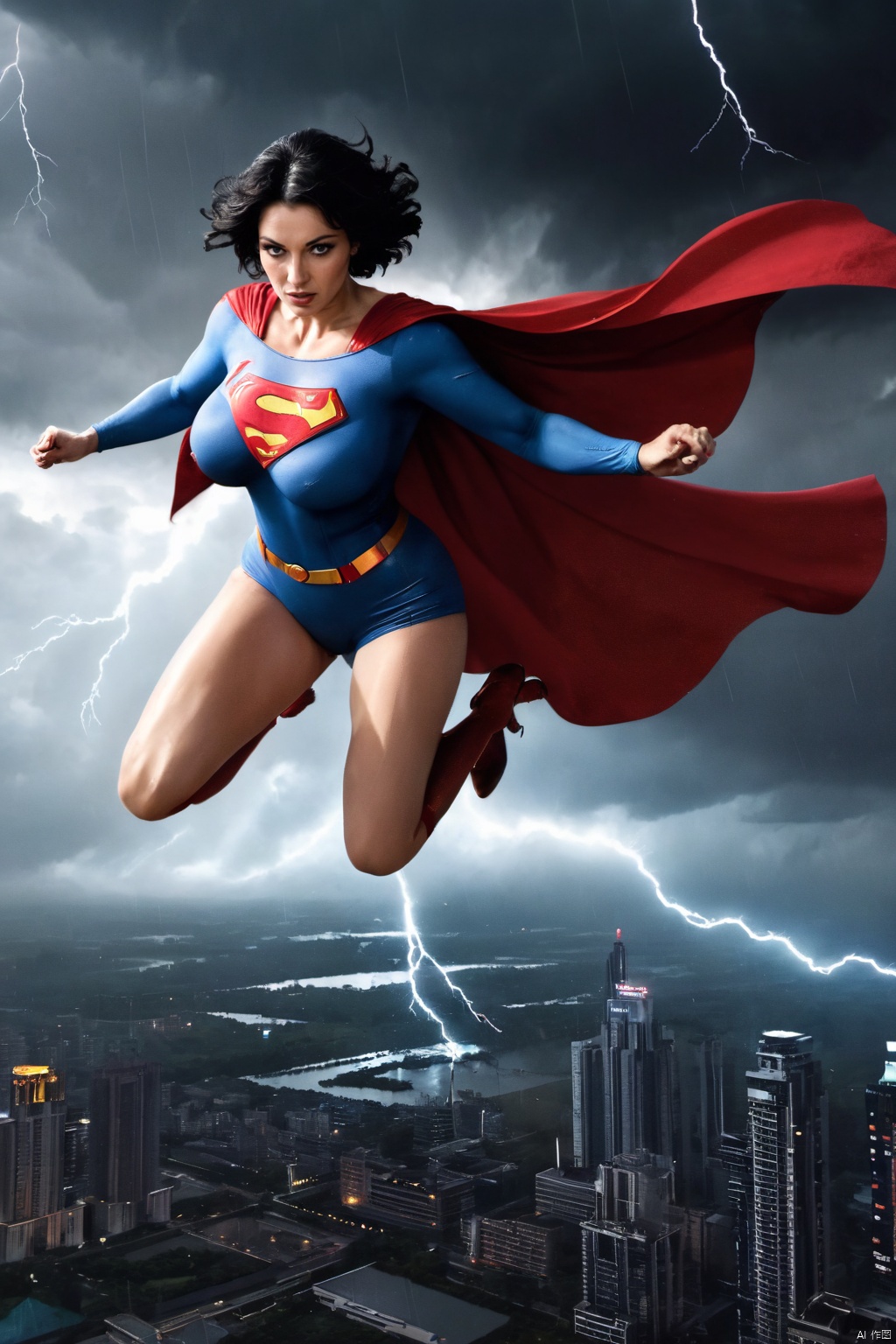 ((mature lady in Superman costume flying in sky, superman logo)), short black hair, flying:1.3, red cape, glowing red eyes, storm, dark clouds, lightning, night, lightning, rain, particles, in the sky, large breasts, ,  ,
