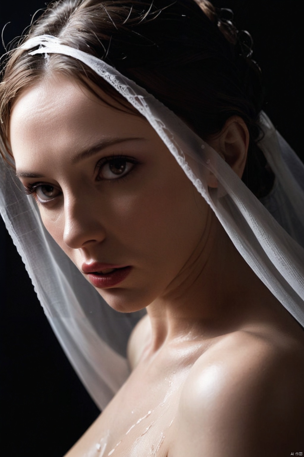 captured by a Fujifilm camera, a minimalist black background serves as the canvas for an exquisite portrait. The woman's face emerges, partially obscured by flowing fabric, creating an enigmatic and mysterious atmosphere. Sharp red lipstick accentuates her lips, adding a striking contrast against the dark tones of the composition. With ultra-realistic precision, every detail is rendered in insanely high resolution, making the image come alive in 8K HDR. The subtle gradient backdrop enhances the tranquil yet evocative aura, while the conceptual portraiture delves into the depths of perception. This stunning portrayal, enriched with a play on perception and visual metaphor, transports the viewer into a realm of surreal calm, where the beauty of minimalist abstraction meets the complexity of the human psyche.