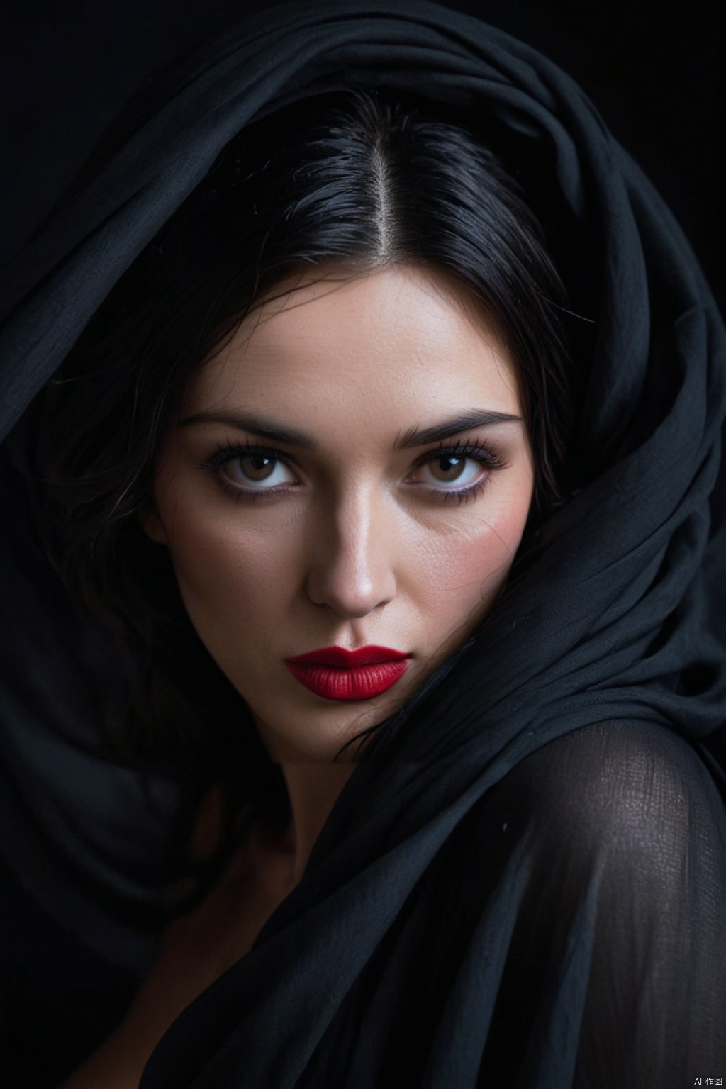 captured by a Fujifilm camera, a minimalist black background serves as the canvas for an exquisite portrait. The woman's face emerges, partially obscured by flowing fabric, creating an enigmatic and mysterious atmosphere. Sharp red lipstick accentuates her lips, adding a striking contrast against the dark tones of the composition. With ultra-realistic precision, every detail is rendered in insanely high resolution, making the image come alive in 8K HDR. The subtle gradient backdrop enhances the tranquil yet evocative aura, while the conceptual portraiture delves into the depths of perception. This stunning portrayal, enriched with a play on perception and visual metaphor, transports the viewer into a realm of surreal calm, where the beauty of minimalist abstraction meets the complexity of the human psyche.