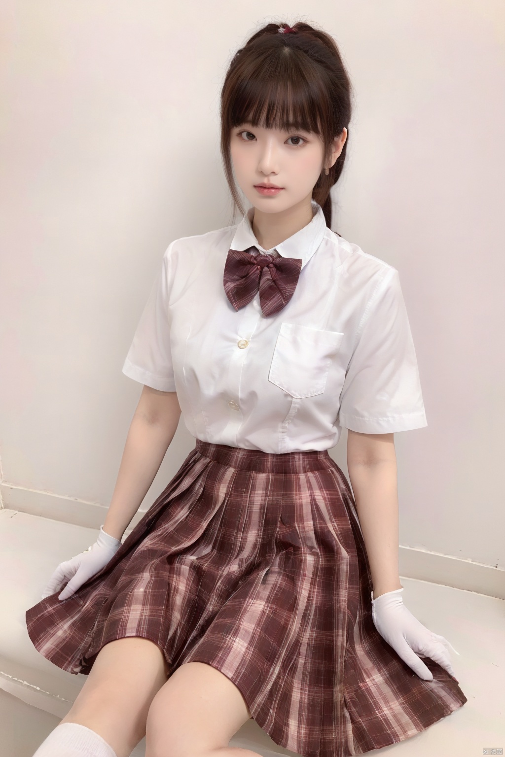 jk2, solo, 1girl, skirt, shirt, brown hair, pink skirt, bow, cosplay, white shirt, short sleeves, plaid, white footwear, bowtie, gloves, socks, brown eyes, medium hair, plaid skirt, realistic, pink bow, photo background, bangs, looking at viewer, jk