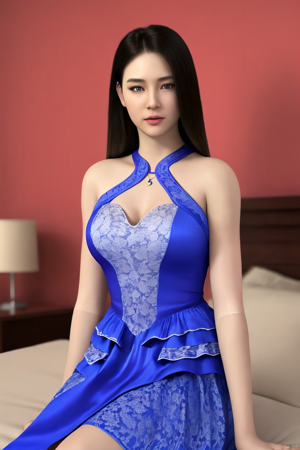  1girl,brown eyes,closed mouth,collarbone,lips,long hair,blue dress/(see_through), sitting on the bed, thighhgihs,looking at viewer,blue eyes,black hair,realistic,simple background,solo