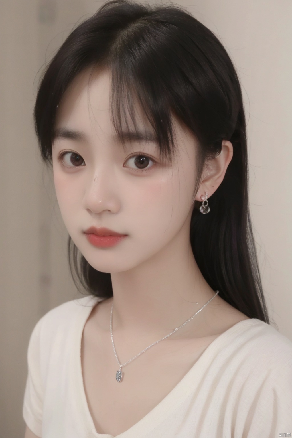  (realistic:1.5) ,highly detailed skin,1girl,from above,(portrait:1.2) ,long hair , (natural skin:1.5) ,(blurry background:1.5) ,necklace ,earrings