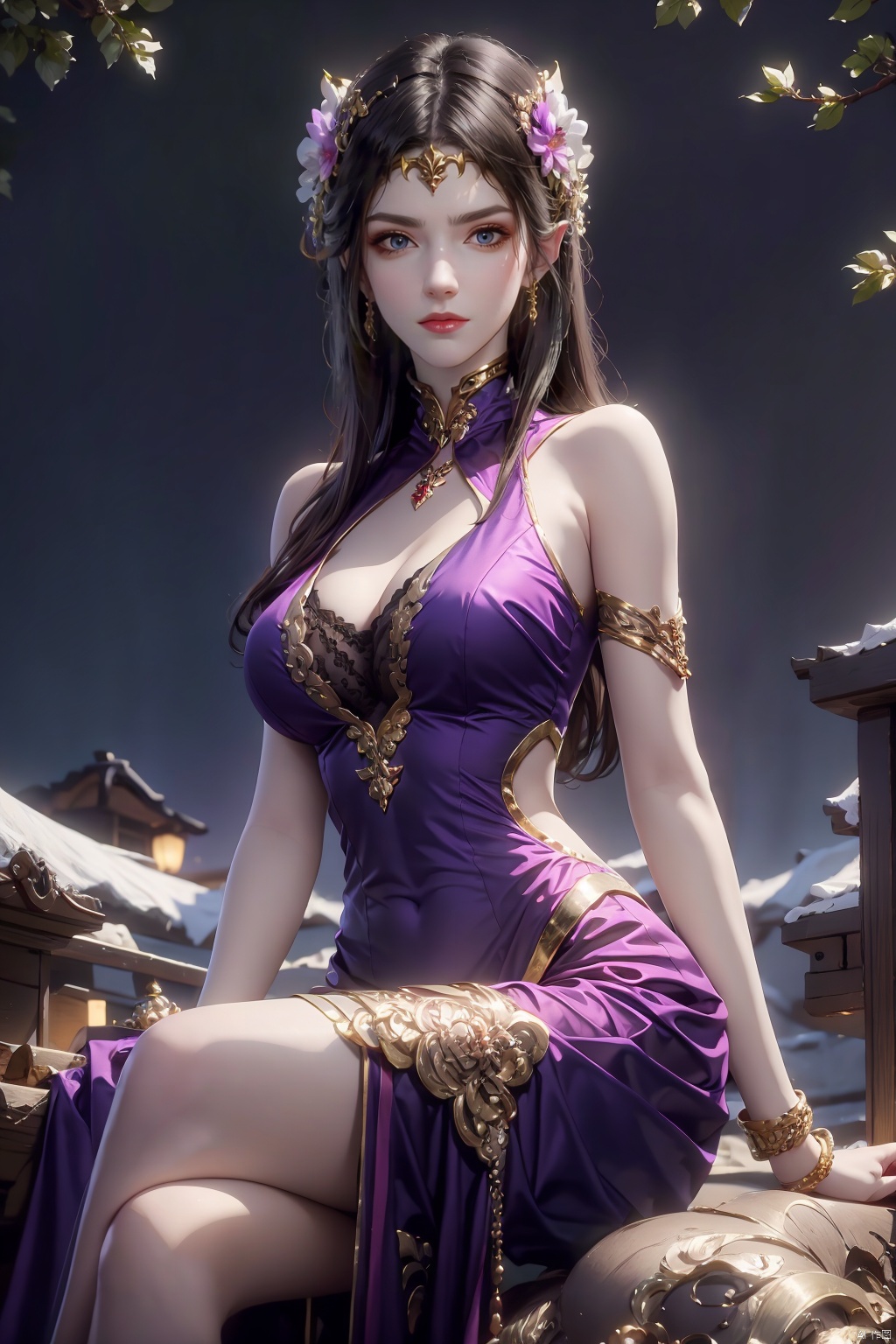 1girl,solo,long hair,breasts,looking at viewer,large breasts,brown hair,black hair,hair ornament,dress,cleavage,bare shoulders,jewelry,sitting,flower,hair flower,bracelet,clothing cutout,purple dress,, meidusha